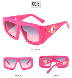 Three views of pink oversized sunglasses featuring gradient lenses and gold accents