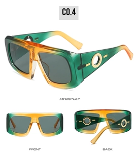 Detail view showing front, back and 45-degree angle of green gradient oversized sunglasses