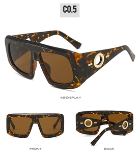 Three-angle view of tortoiseshell oversized sunglasses with gold metal ring details