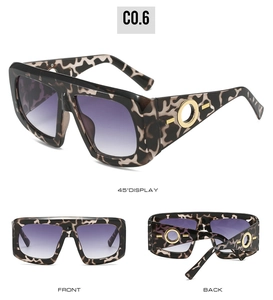 Three views of leopard print sunglasses with gold round accents and purple gradient lenses