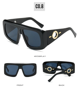 Three-way view of black thick square sunglasses with iconic gold metal ring details