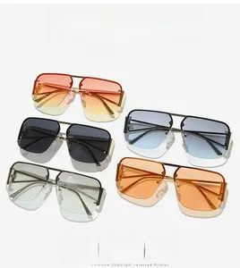 Close-up of stylish square pilot sunglasses in multiple gradient lens colors with gold frames