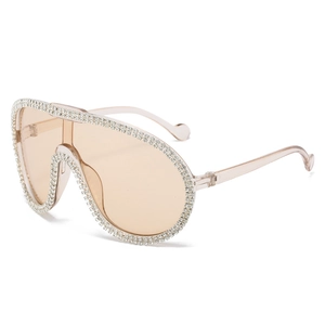 Luxury oversized shield sunglasses with silver rhinestones and tan gradient lenses
