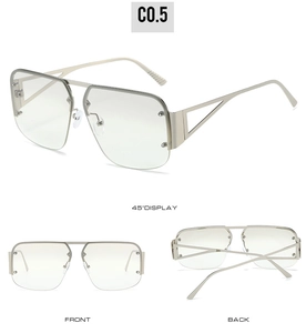 Three perspectives showing the square semi-rimless metal frame and hollow geometric temples