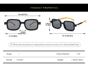 Detailed size chart for square frame sunglasses with PC material and frame dimensions
