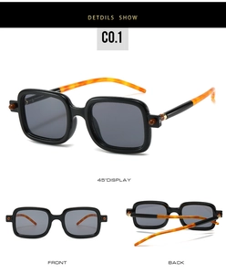 Detailed views of retro square sunglasses featuring black frames and amber tortoise temples