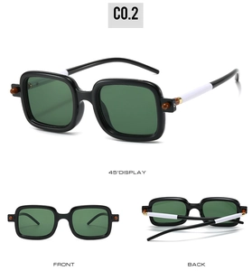 Three-view display of retro square sunglasses featuring black frames and green lenses