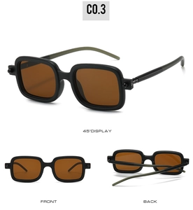 Three-way view of retro square sunglasses with black frames and olive green temples