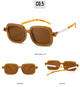 Three-angle view of amber square sunglasses with unique leopard print temples and brown lens