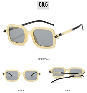 Three-way view of retro square sunglasses with translucent yellow frames and gray lenses