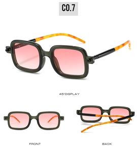 Three-angle views of square sunglasses with olive green frames and tortoiseshell temples