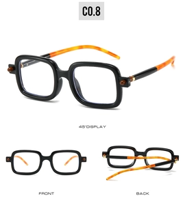 Detailed views of square retro sunglasses with black frames and tortoiseshell temples