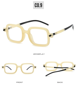 Detailed multi-angle views of square beige glasses frames with black temples