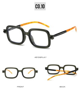 Detailed views of square emerald green frames with tortoiseshell pattern temples