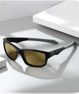 Detail of square sports sunglasses showing non-slip rubber texture on black temples