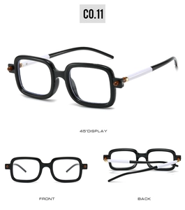 Detailed views of square retro sunglasses with black frames and white contrast temples