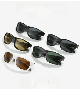 Detailed overhead view of assorted polarized sports sunglasses with various frames