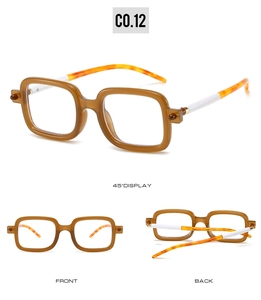 Three-view display of vintage square amber sunglasses with stylish patterned temples