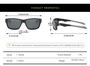 Detailed size chart for rectangular polarized sports sunglasses with specific dimensions