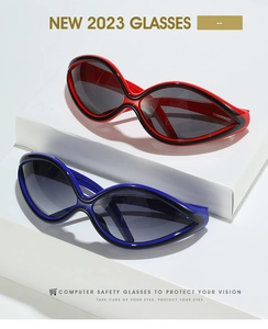 Detail of futuristic wrap-around sports sunglasses with durable two-tone frames and dark lenses
