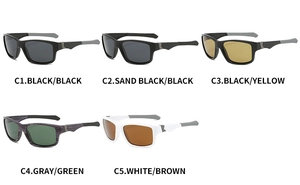 Detailed grid showing five color variants of sporty polarized sunglasses with anti-slip pads