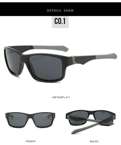 Detail view of square sports sunglasses featuring non-slip temples and polarized lenses