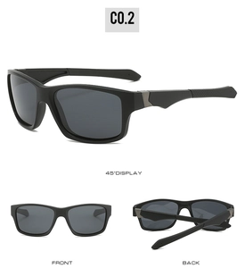 Three views of square matte black polarized sports sunglasses for cycling and hiking
