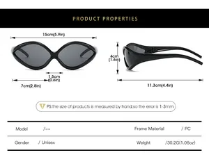 Detailed size chart for cat eye sunglasses with frame measurements in cm and inches