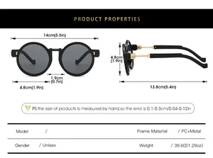 Size guide for retro round sunglasses showing exact frame and lens dimensions in centimeters