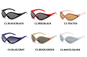 Detailed grid of cat-eye sports sunglasses showing six vibrant frame and lens color options