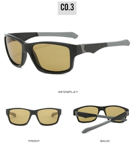 Three-angle view of matte black polarized sports sunglasses with yellow night vision lenses