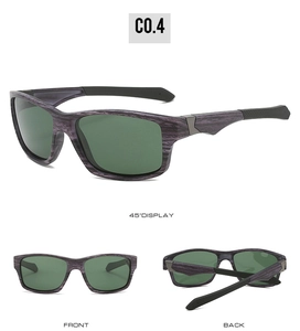 Three-view display of square sports sunglasses with purple wood grain frame and green lenses