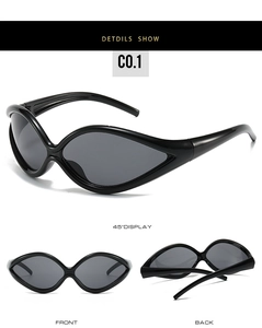 Three-angle view of black cat-eye sports sunglasses with grey lenses and futuristic design