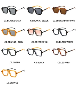 Detailed grid view of double-bridge square sunglasses in various colors and lens tints