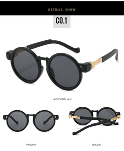 Three-way view of retro round sunglasses with black frames and gold metal accents