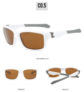 White sports sunglasses with polarized brown lenses showing front, back, and side views