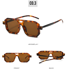 Three views of square tortoiseshell sunglasses with brown lenses showing different angles