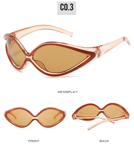 Three-angle view of futuristic orange cat-eye sunglasses with translucent frames