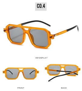 Multi-angle view of square orange sunglasses with double bridge and dark lenses