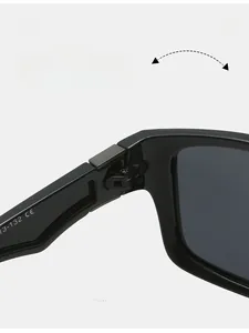 Detail of durable reinforced metal hinge on glossy black polarized sports sunglasses