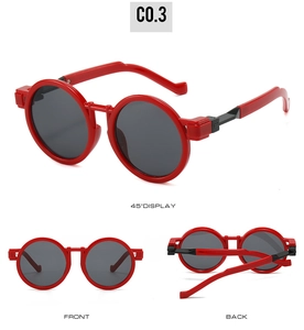 Multiple views of red round frame sunglasses with thick temples and dark lenses