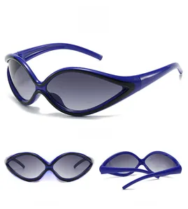 Three-angle view of futuristic cat-eye sunglasses with dark blue frames and grey lenses