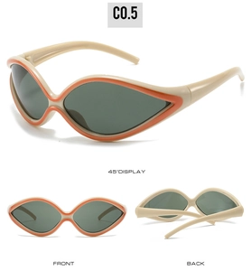 Three views of beige cat-eye sunglasses with orange frame accents and dark lenses