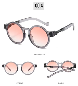 Three-view display of vintage round sunglasses featuring orange gradient lenses and grey frames