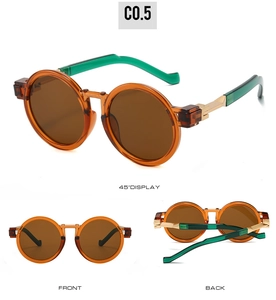 Detailed multi-angle views of round retro sunglasses with orange frames and green temples