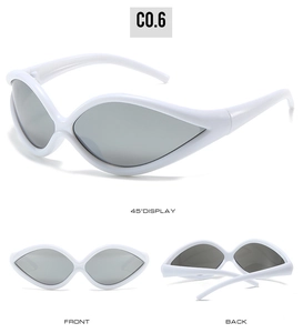 Three-view display of futuristic white cat-eye sunglasses with grey lenses and broad frames