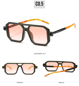Detail view of olive green geometric sunglasses with tortoise temples and gradient lenses