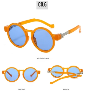 Three perspectives of retro round orange block frame sunglasses with blue lenses