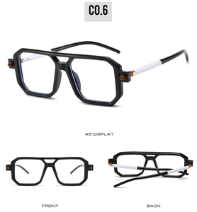 Detailed views of double-bridge square sunglasses with black frames and bicolor temples