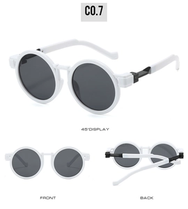 Detailed multi-angle views of round white vintage oversized sunglasses with dark lenses